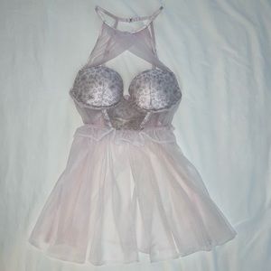 Victoria’s Secret Blush White Pink Chiffon Silver Ruffle Babydoll Chemise 34B